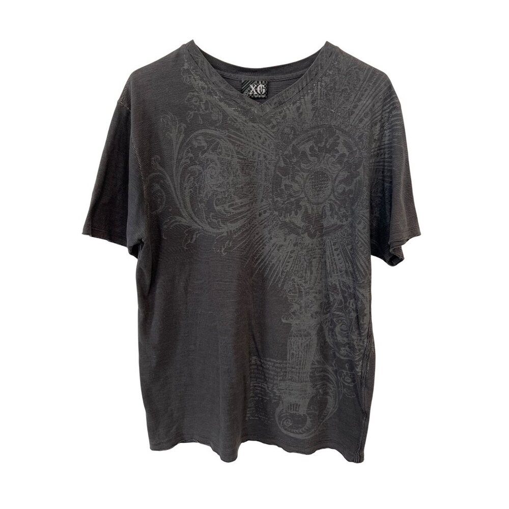 XG V Neck Graphic Tee Size Large Short Sleeve Black Gray Essential Everyday Wear